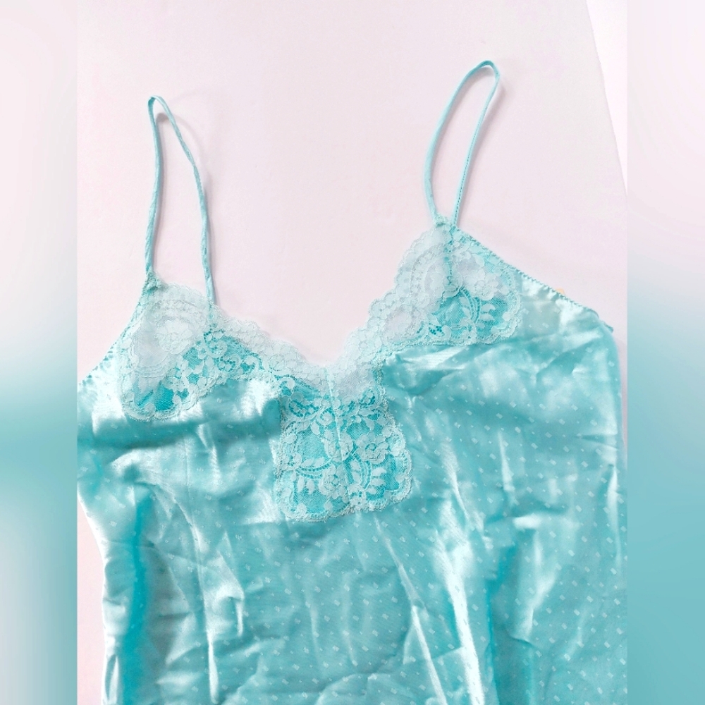 NWT Vintage Fifth Avenue Aqua Chemise‎ Nightgown size Medium Boudoir Lace Trim